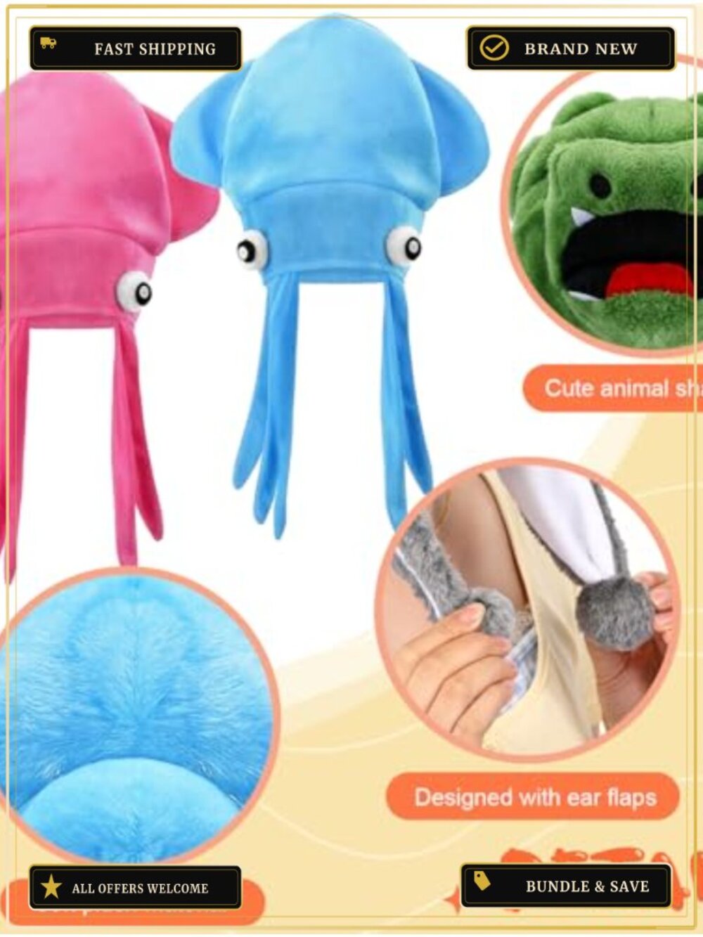 6pc Plush Animal Costume Hats Coral Fleece Earflap Winter Headwear Set - Picture 2 of 6